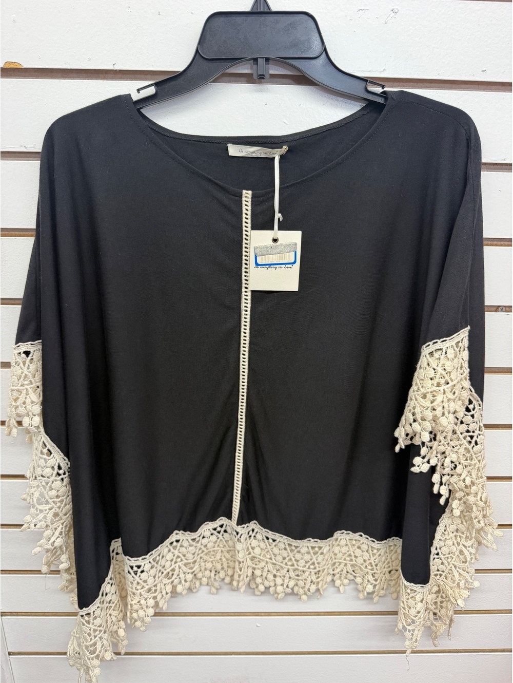 Do Everything in Love Black Crochet Lace Trim Poncho Top NWT